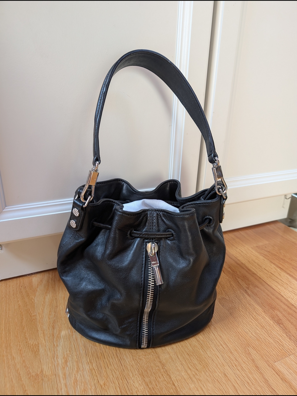 Elizabeth And James Cynnie Black Leather Bucket Bag with Silver Hardware